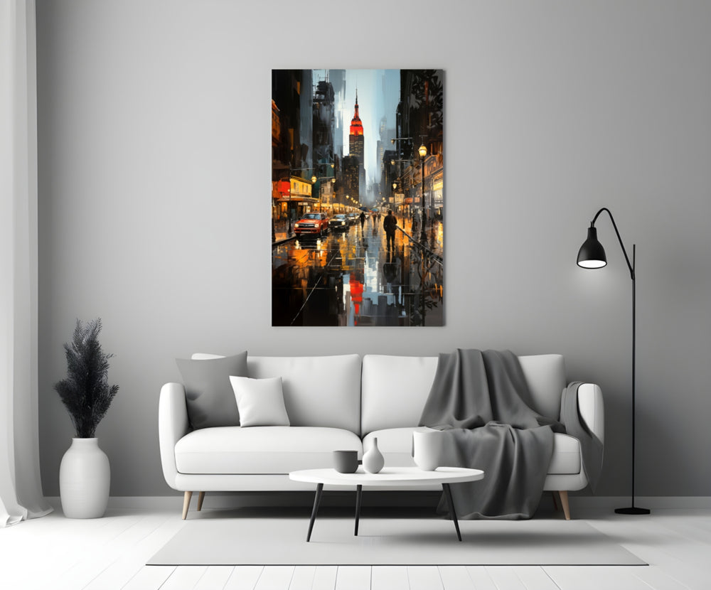 City Night glass wall art styled above a console in a media room