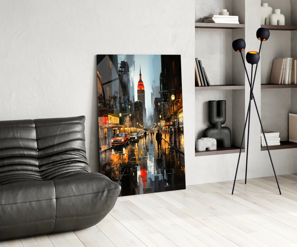 City Night glass print enhancing a den with travel-poster heat