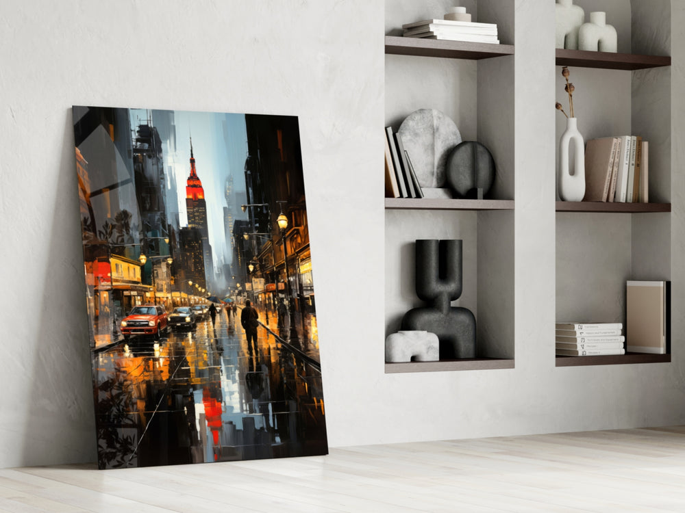 Moody-metropolis artwork anchoring a wall with scarlet-and-amber palette