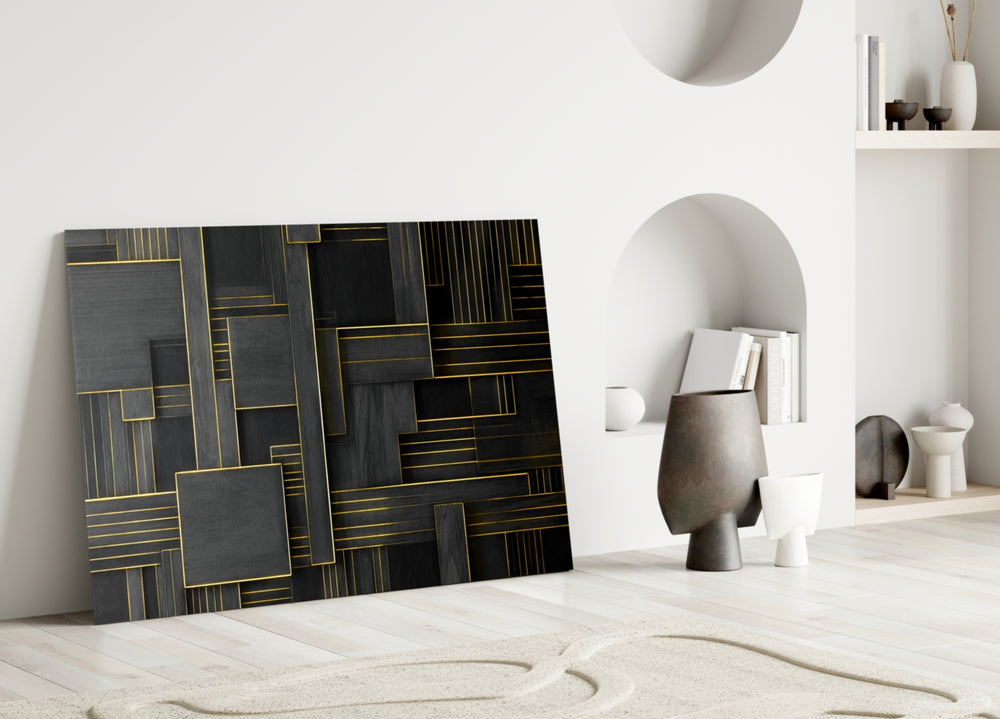 Rectangles glass wall art styled above a console in a foyer