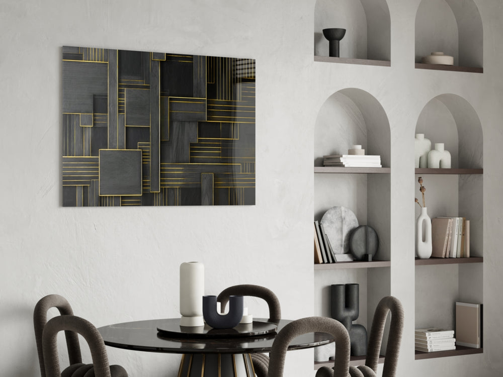 Rectangles glass print enhancing a den with architectural firepower