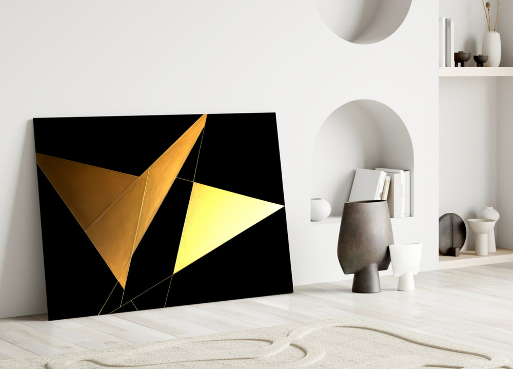 Yellow Wings glass wall art styled above a console in a foyer