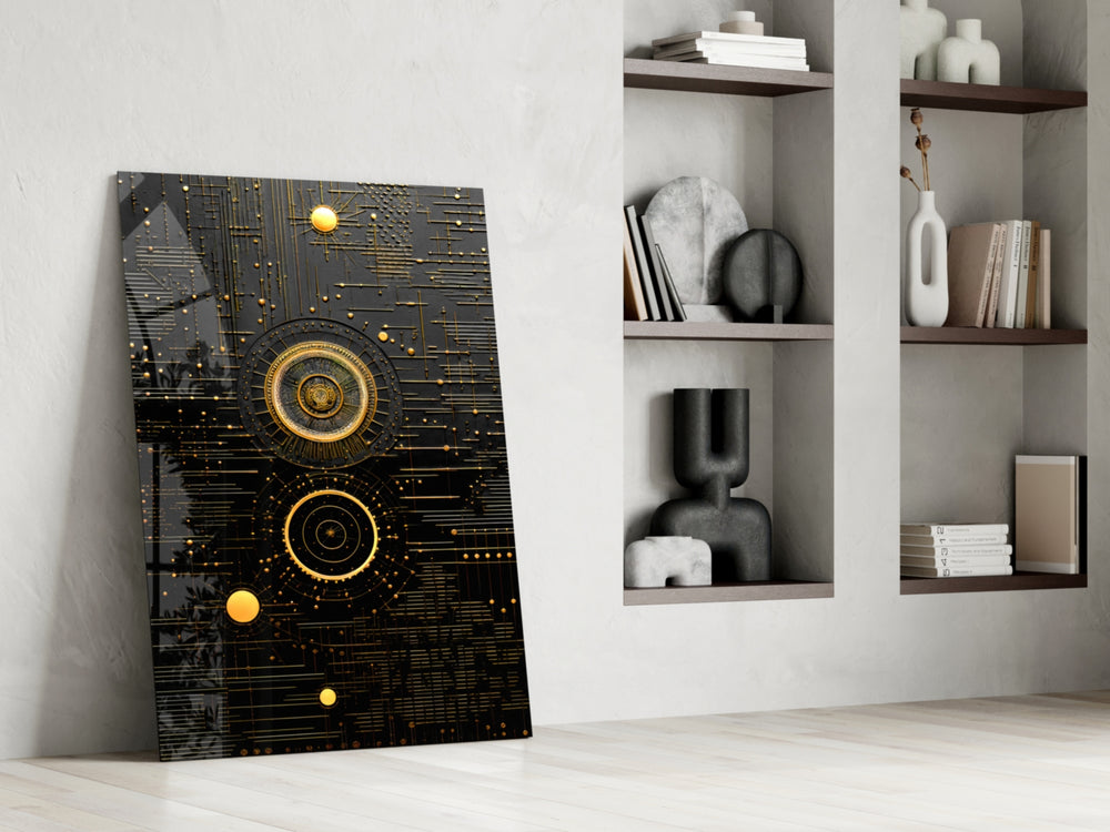 Cosmic-clockwork artwork anchoring a wall with gold-and-slate palette