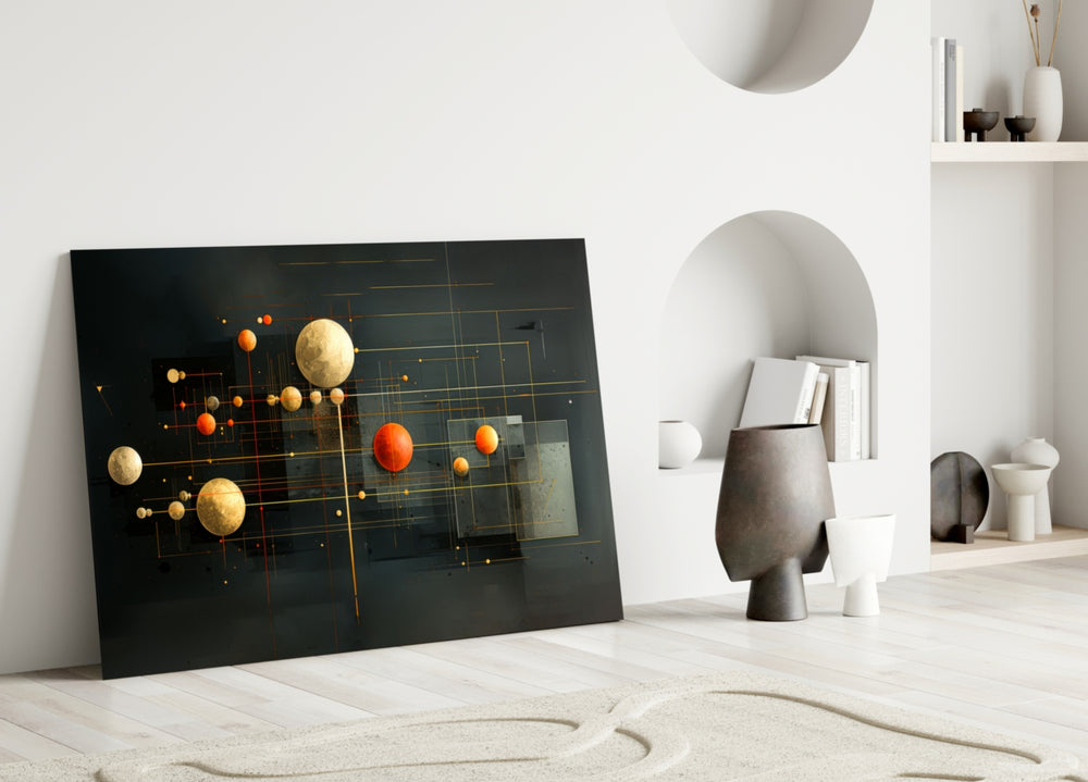 Planets glass wall art styled above a console in an executive office