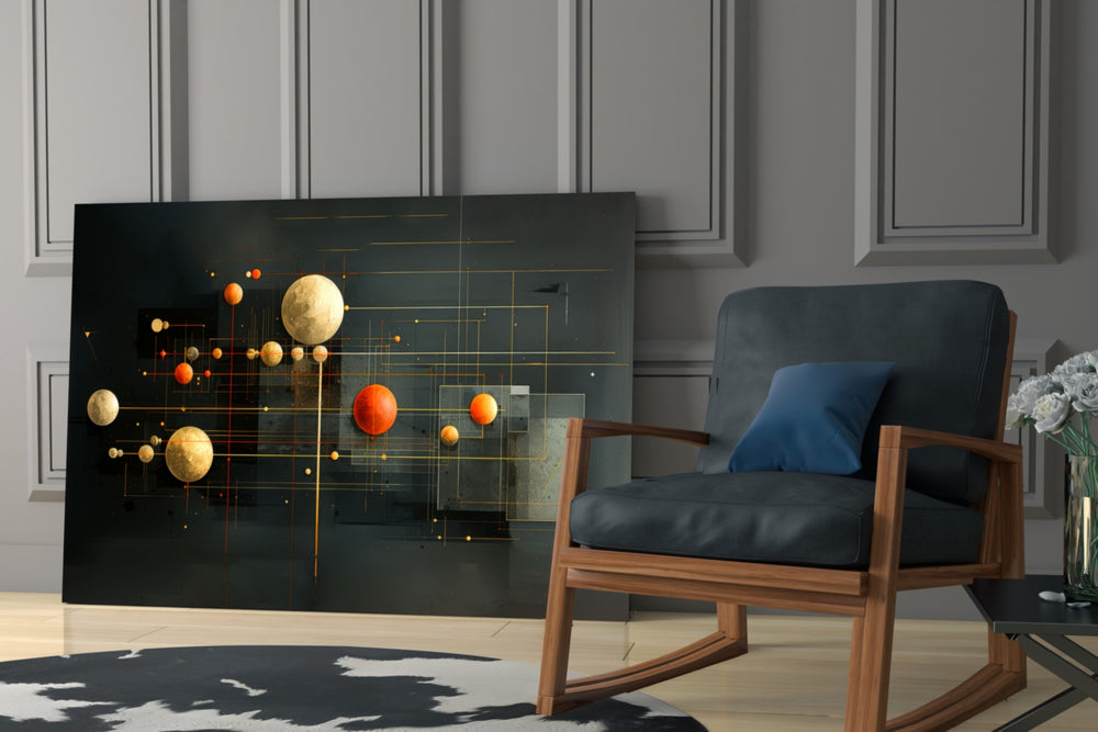 Planetary-alignment artwork anchoring a wall with gold-and-indigo palette