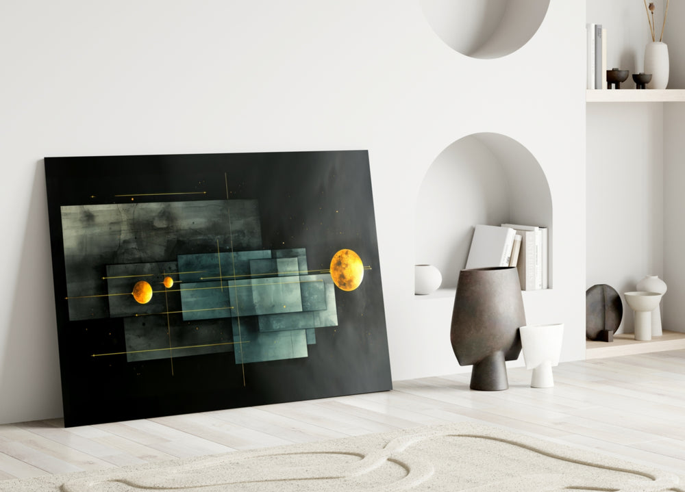 Planet Race glass wall art styled above a console in an executive office
