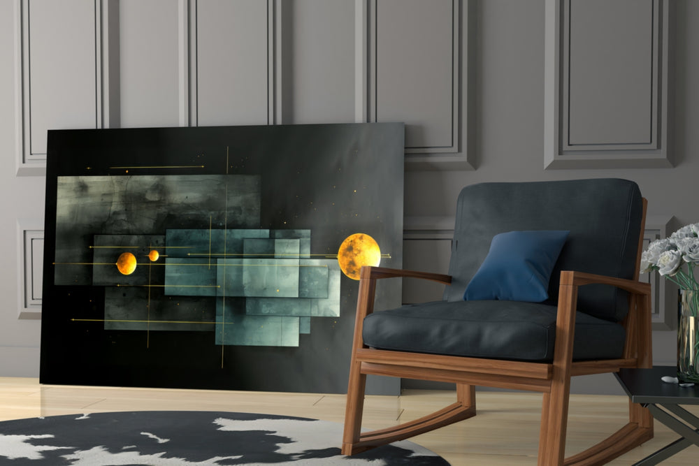 Celestial-race artwork anchoring a wall with amber-and-teal palette