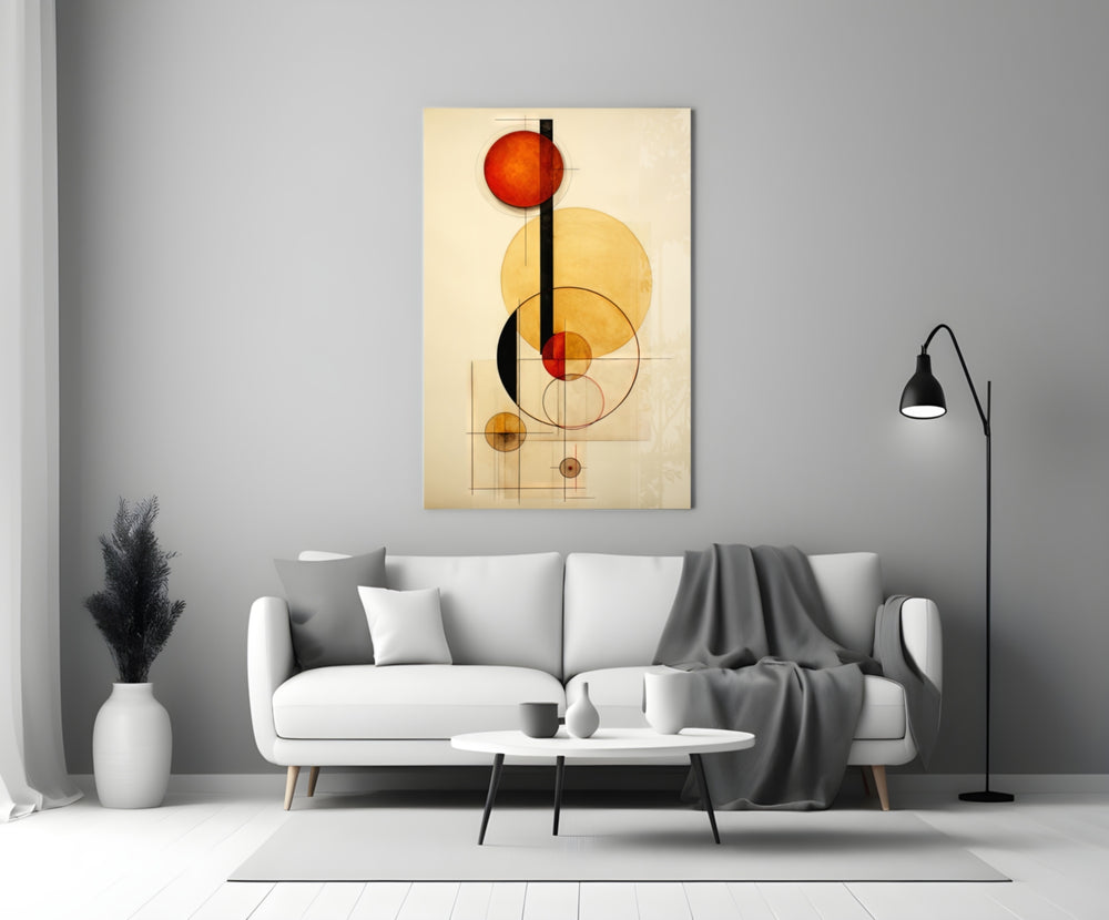 Circles glass wall art styled above a console in a foyer