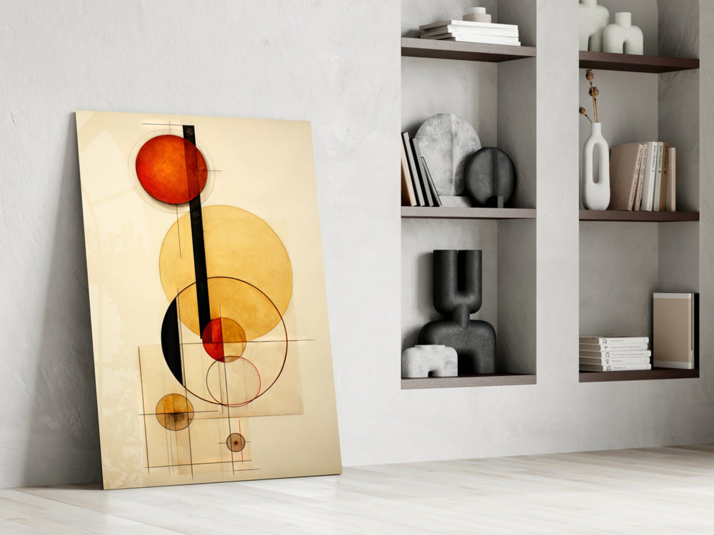 Circular-form artwork anchoring a wall with scarlet-and-amber palette