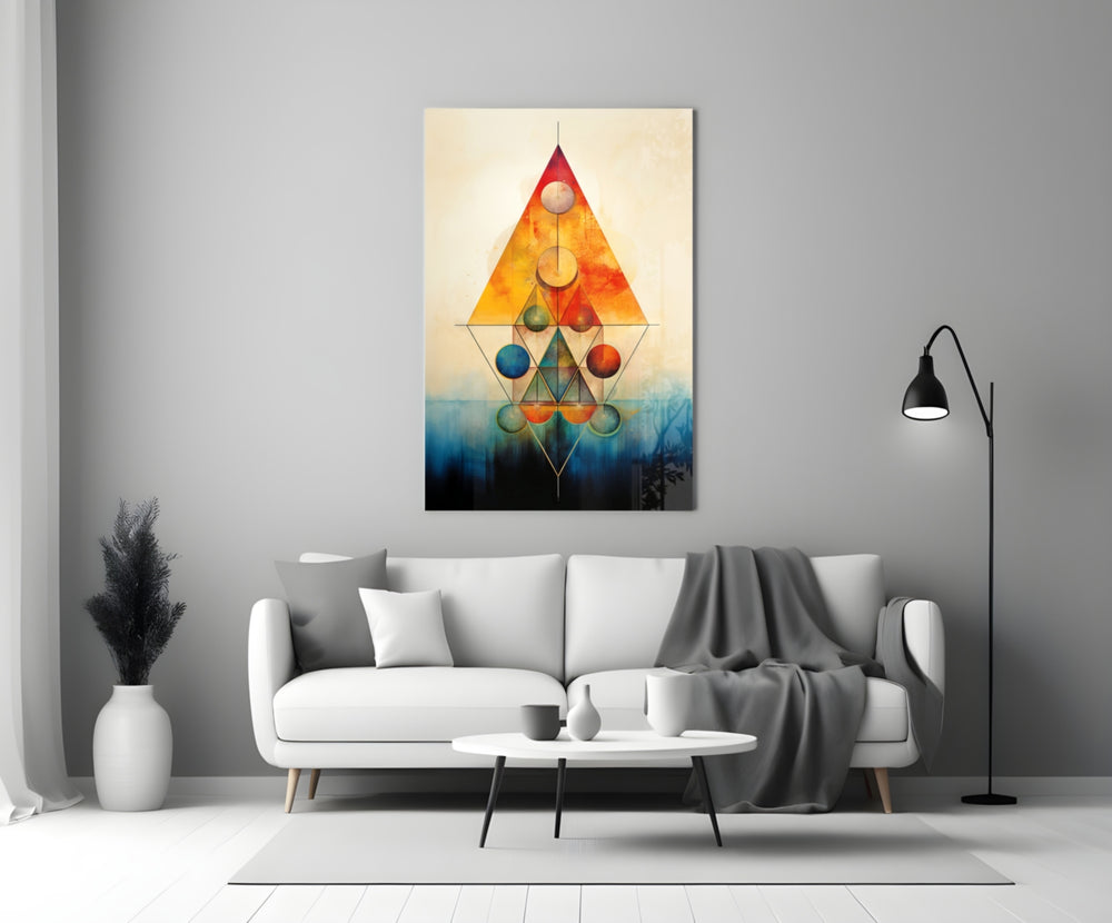 Harmony of Shapes glass wall art styled above a console in a designer studio