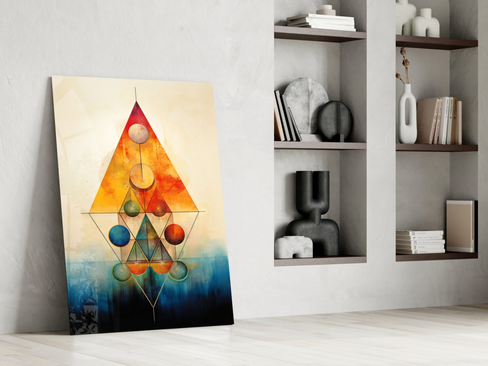 Planetary-triangle artwork anchoring a wall with tangerine-and-cobalt palette