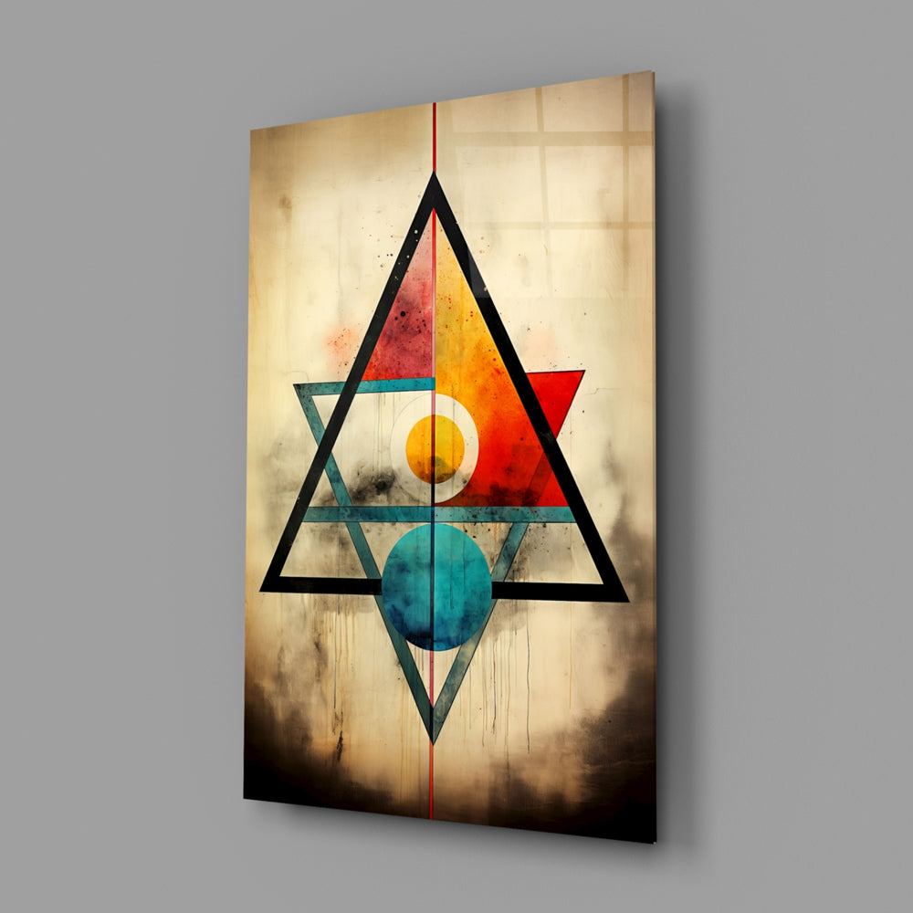 Triangels close-up showing scarlet-teal triangles and sun-moon orbs