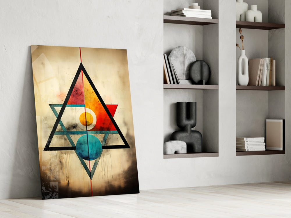 Angular-cosmos artwork anchoring a wall with scarlet-and-teal palette