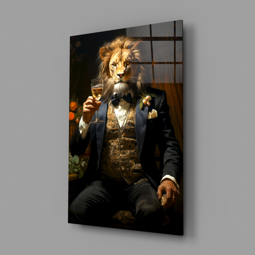 Gentleman close-up showing lion head in navy suit and brocade vest