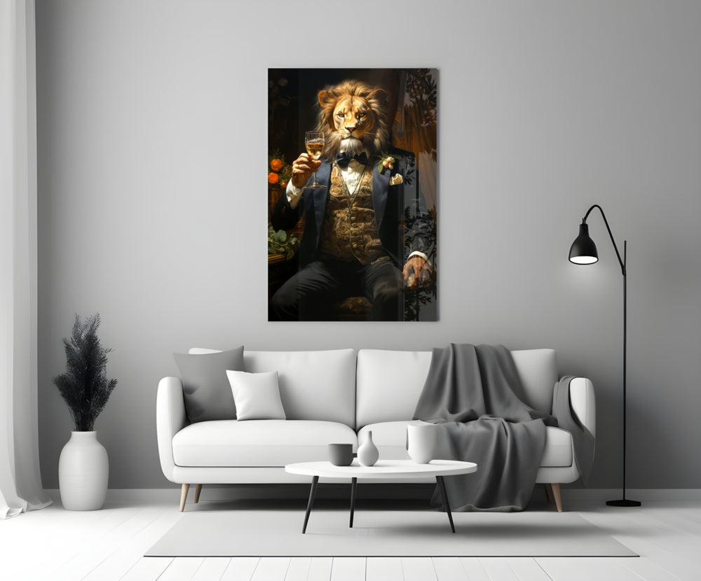 Gentleman glass wall art styled above a console in a home bar