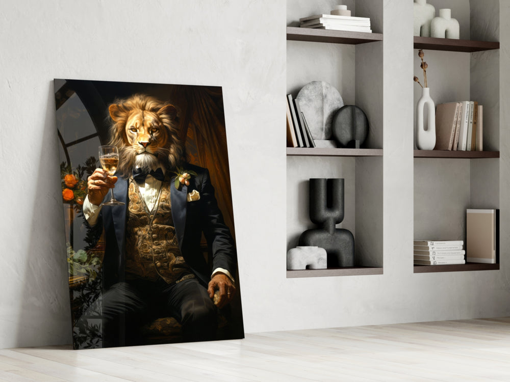 Noble-gentleman artwork anchoring a wall with navy-and-gold palette