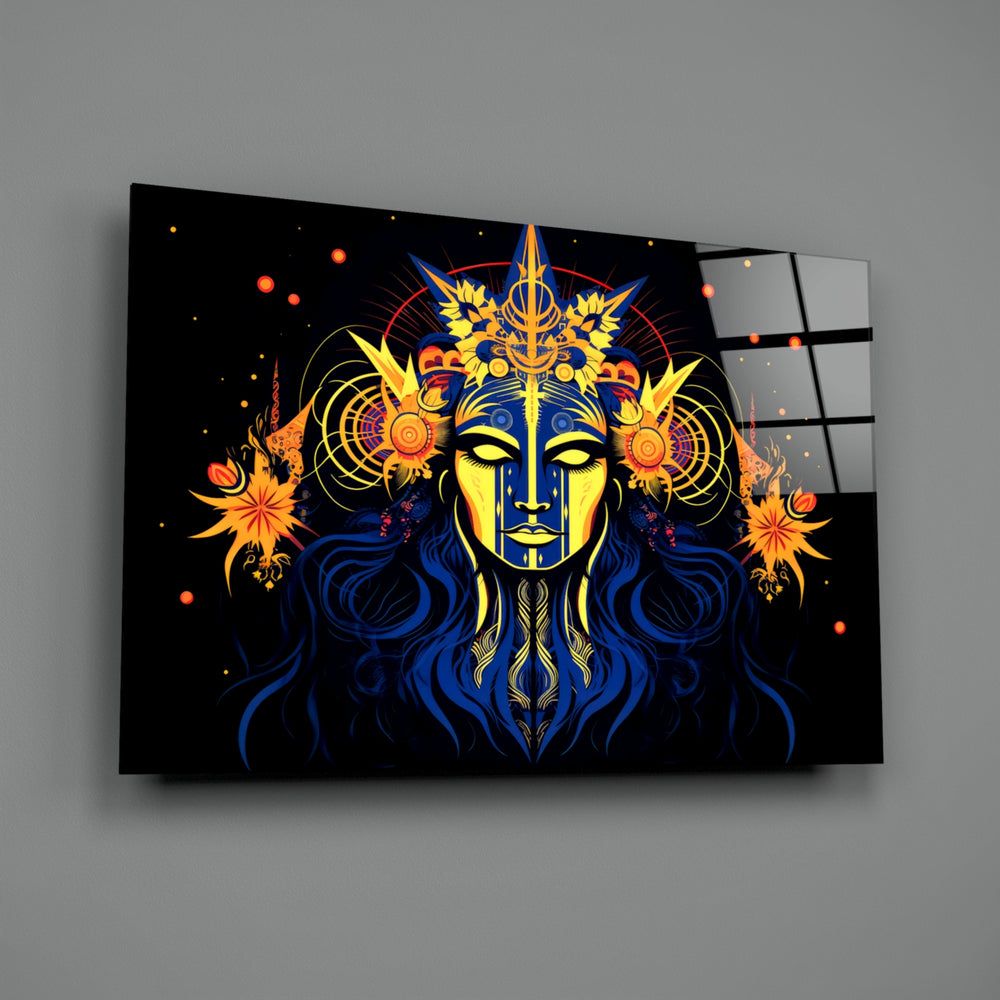 Astrologer close-up showing golden mask and sun-wheel rays