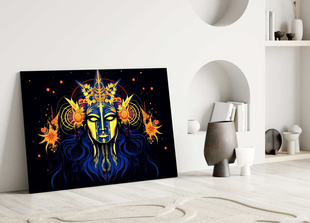 Astrologer glass wall art styled above a console in a living room