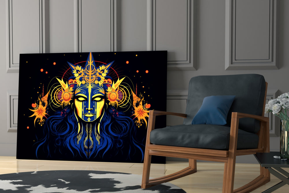 Celestial-seer artwork anchoring a wall with gold-and-indigo palette