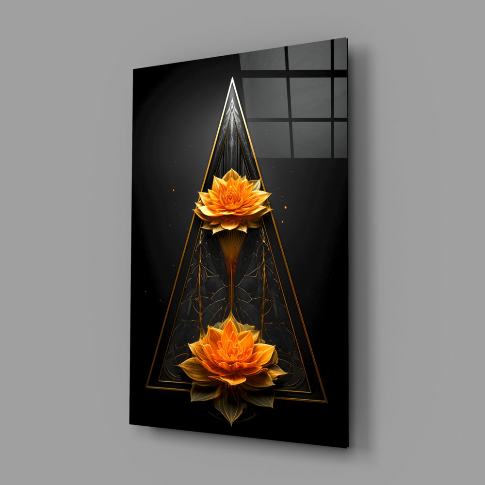 Lotus close-up showing mirrored gold blooms in triangle frame