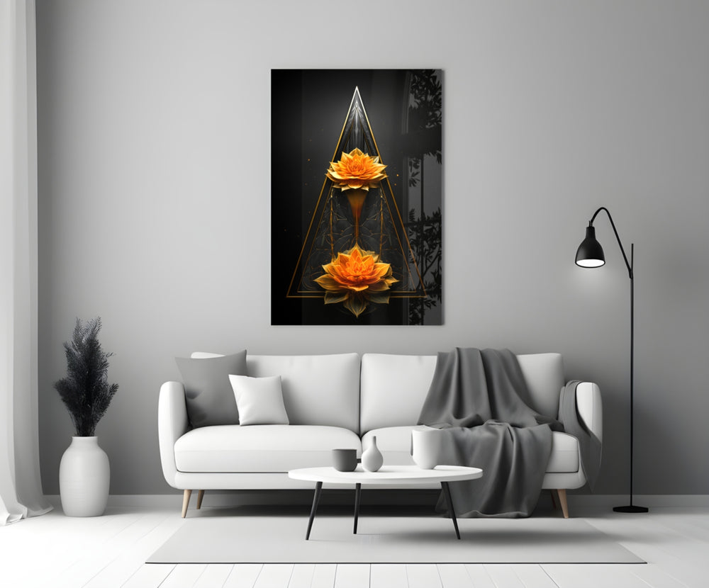 Lotus glass wall art styled above a sideboard in a meditation corner