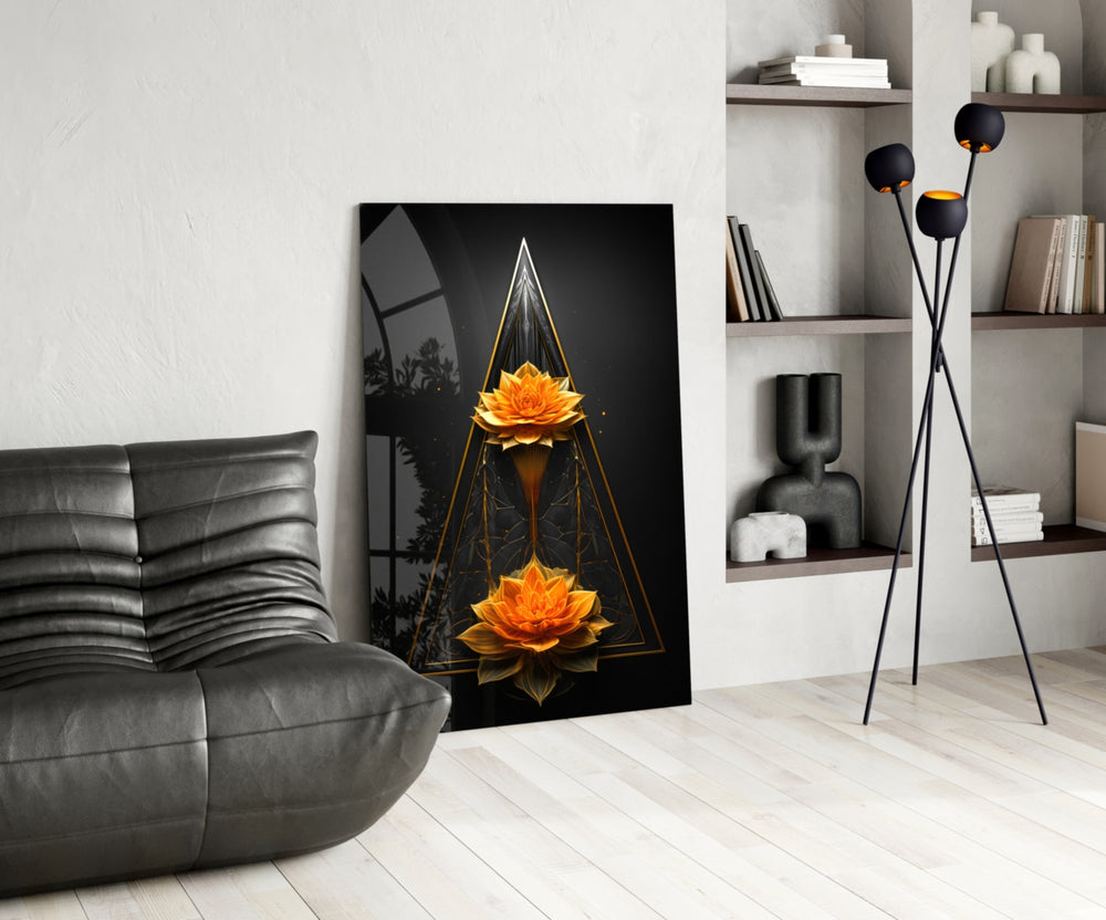 Lotus glass print enhancing a powder room with statement firepower