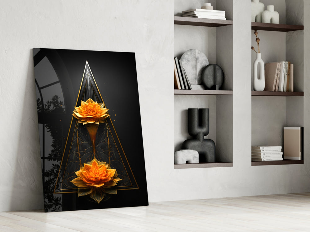Mirrored-bloom artwork anchoring a wall with gold-and-onyx palette