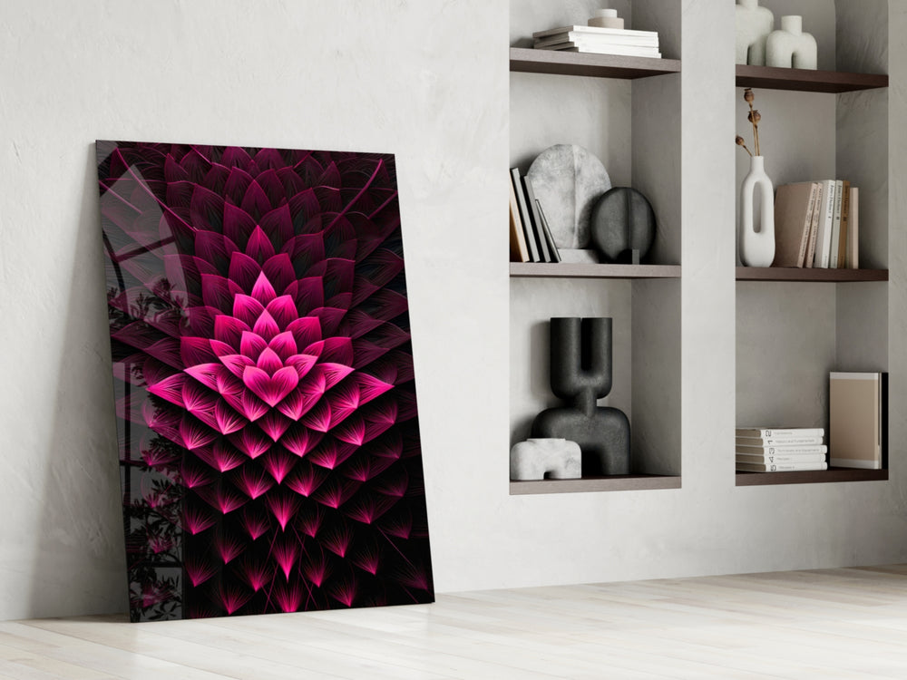 Infinite-bloom artwork anchoring a wall with magenta-and-aubergine palette