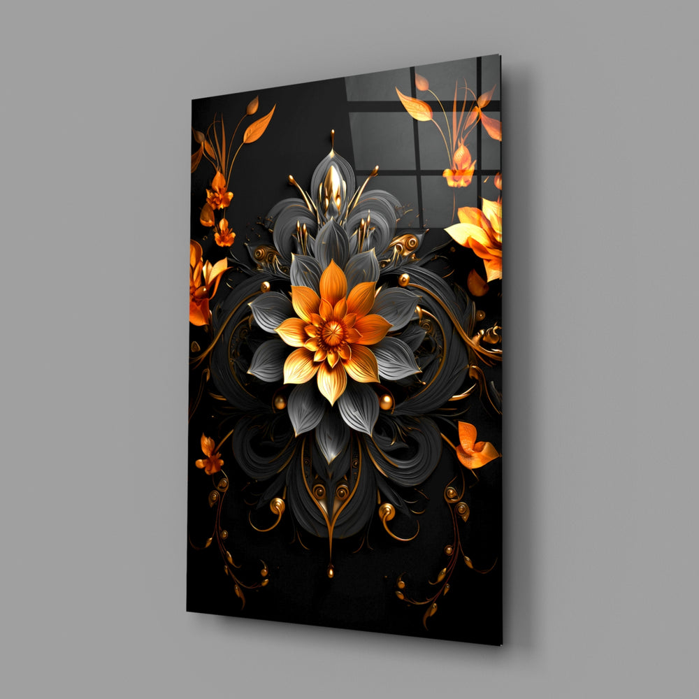 Flower of Luck close-up showing tangerine lotus and gold filigree