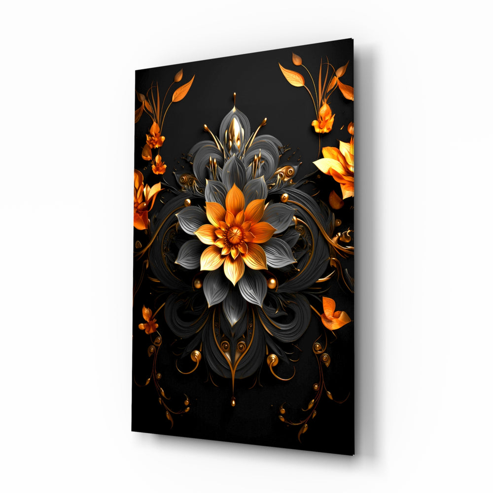 Baroque-mandala panel bringing ornate glow to a foyer