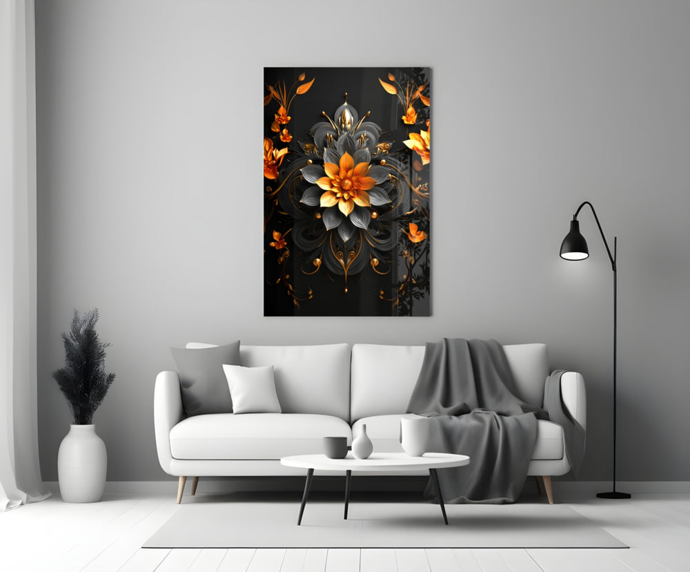 Flower of Luck glass wall art styled above a console in a powder room