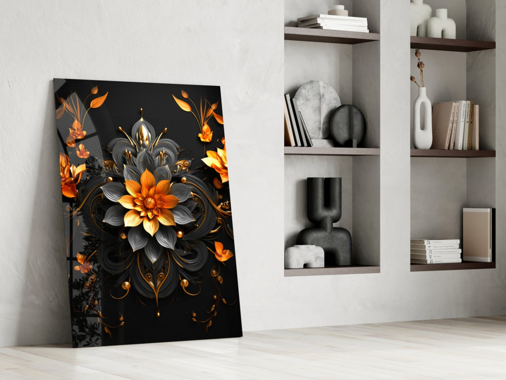Ornate-mandala artwork anchoring a wall with tangerine-and-onyx palette