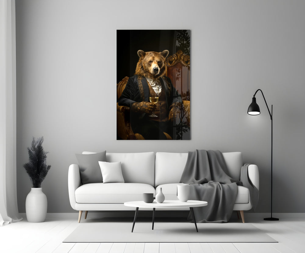 Gentleman Bear glass wall art styled above a console in a home bar