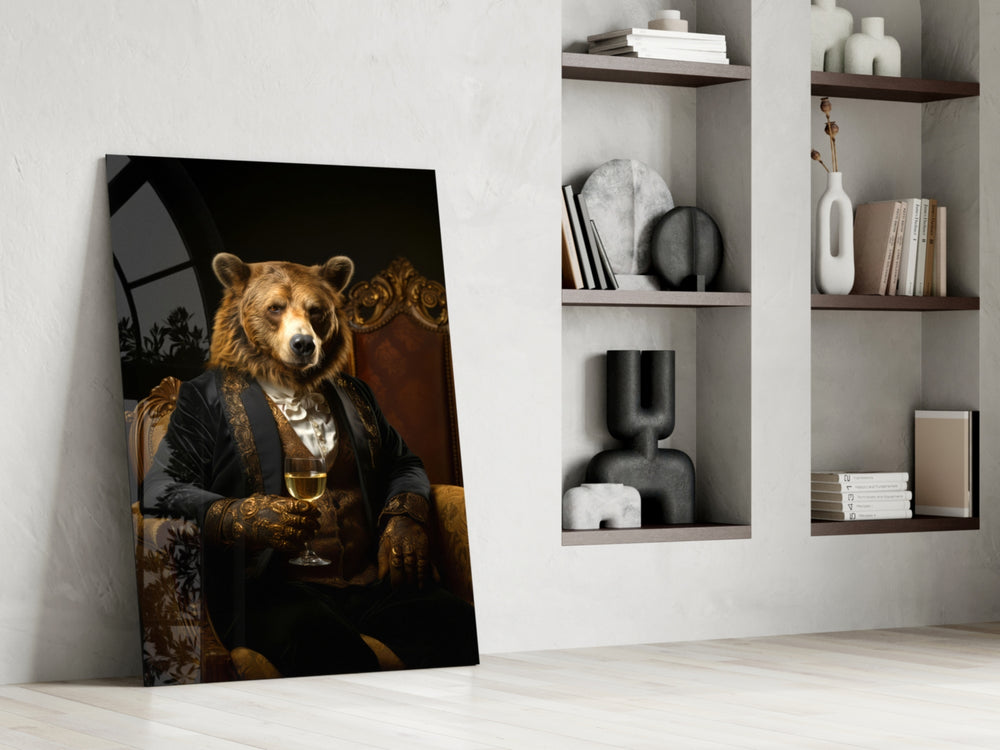 Dignified-bear artwork anchoring a wall with velvet-and-teal palette