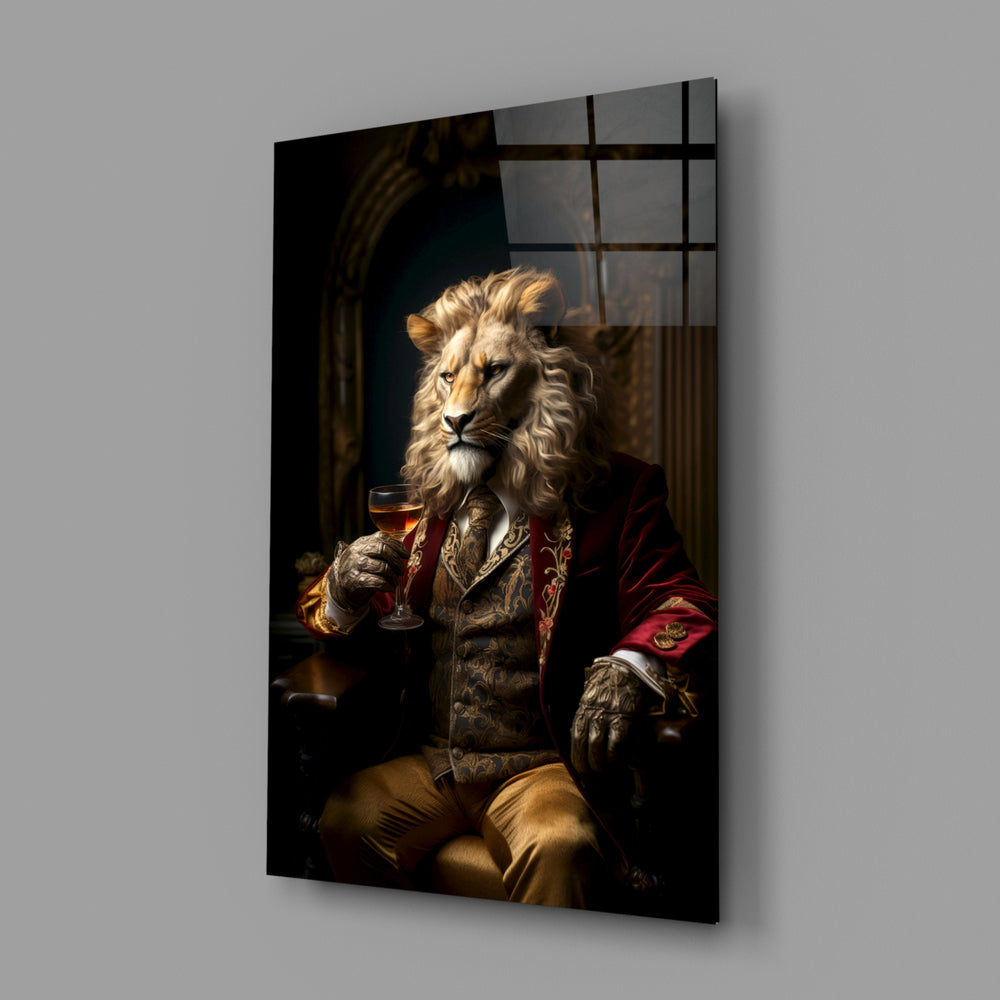 Gentleman close-up showing lion in scarlet jacket and red wine goblet