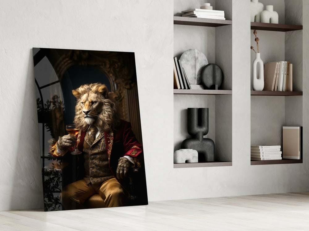 Noble-gentleman artwork anchoring a wall with scarlet-and-umber palette