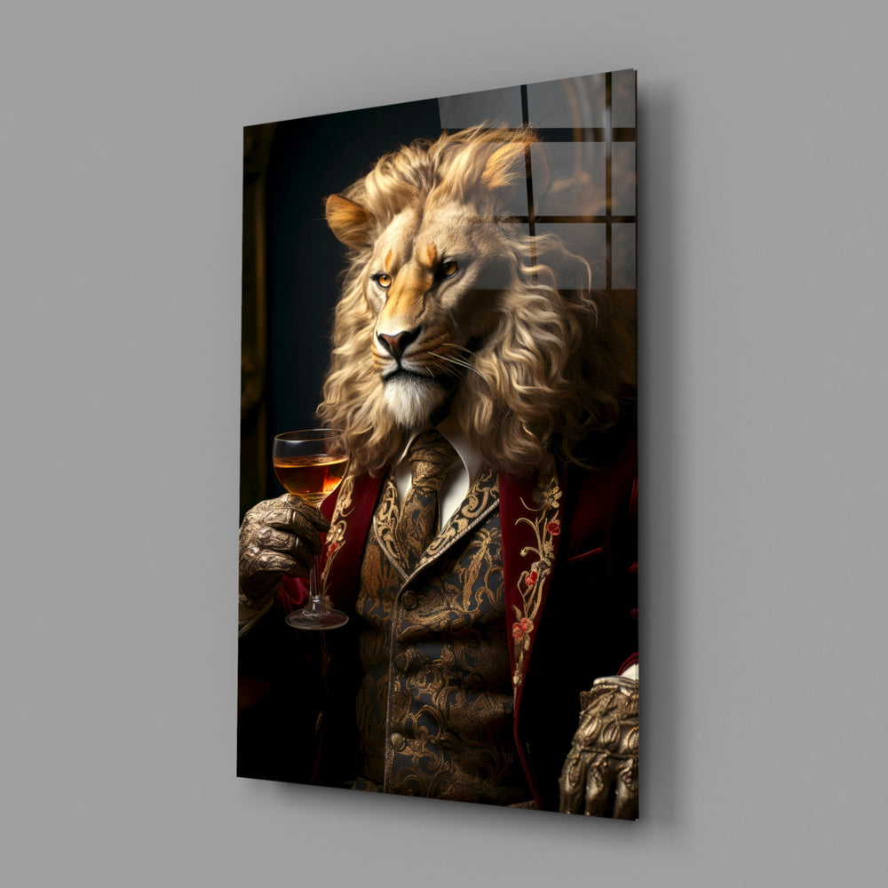 Gentleman close-up showing lion in crimson brocade and red wine
