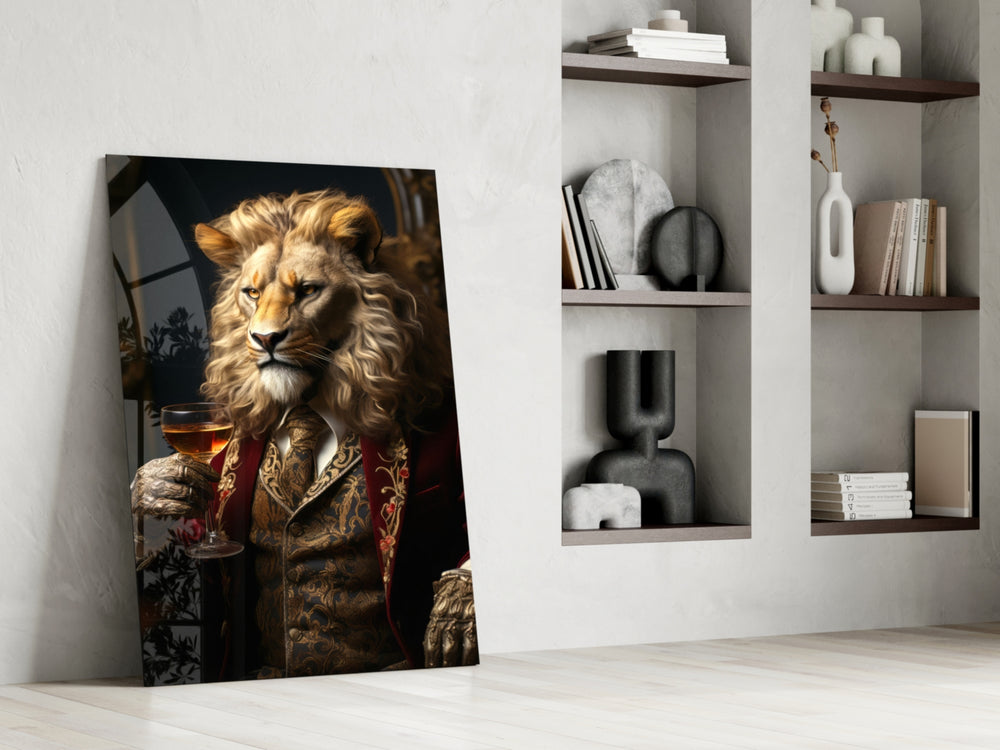 Noble-gentleman artwork anchoring a wall with crimson-and-mahogany palette
