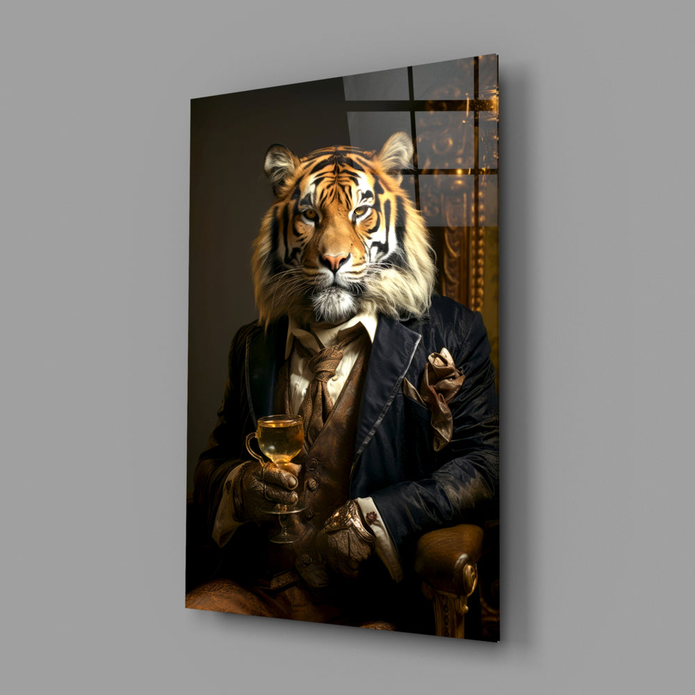 Gentleman close-up showing tiger in navy suit with whiskey glass