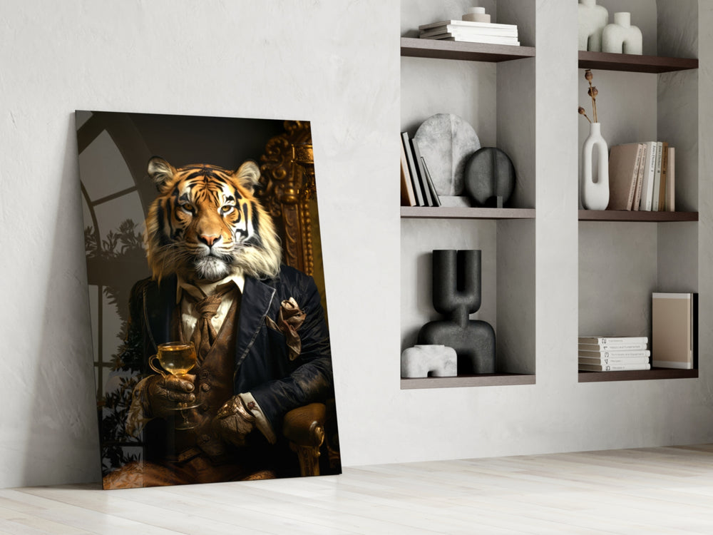 Noble-gentleman artwork anchoring a wall with navy-and-amber palette