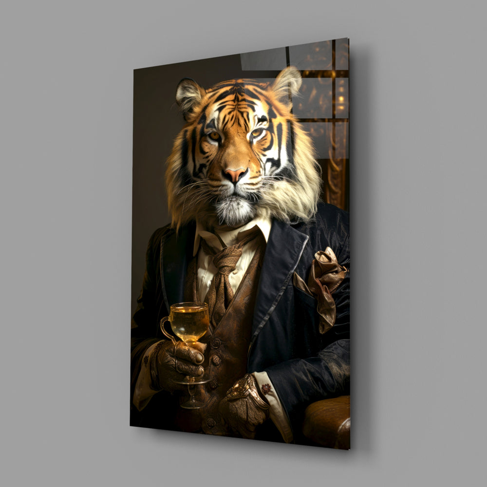 Gentleman close-up showing tiger in navy suit with whiskey glass