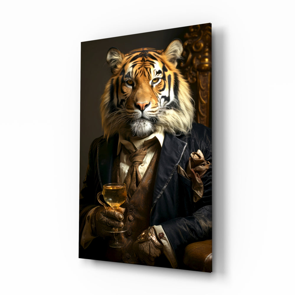 Vintage-portrait panel bringing dapper glow to a library