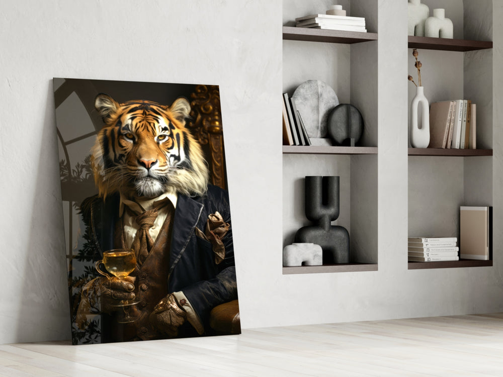Noble-gentleman artwork anchoring a wall with navy-and-tan palette