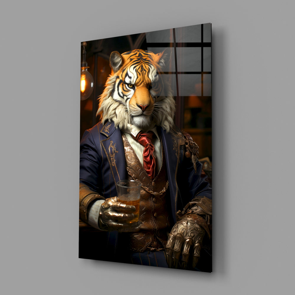 Duke Lion close-up showing tiger in navy suit and gold brocade vest