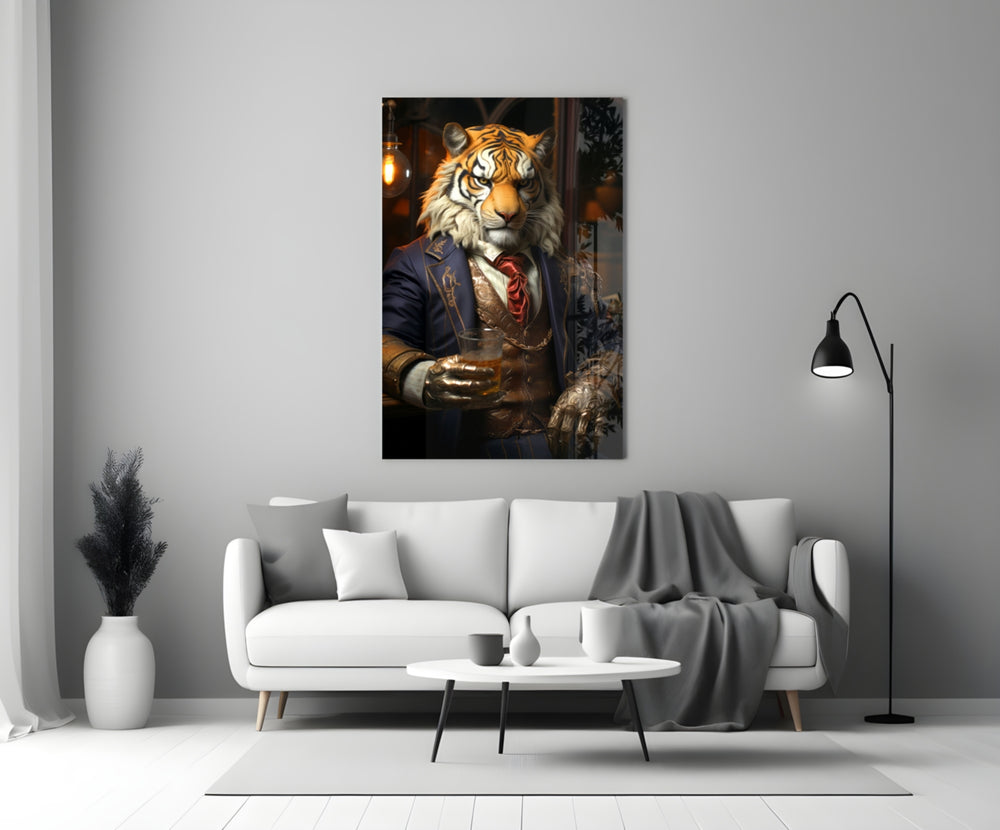 Duke Lion glass wall art styled above a console in a home bar