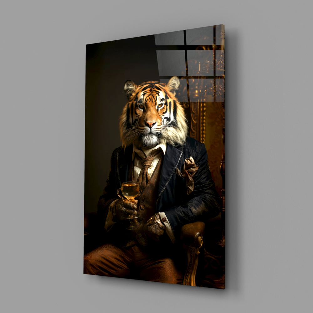 Gentleman close-up showing tiger on gilded throne in navy suit
