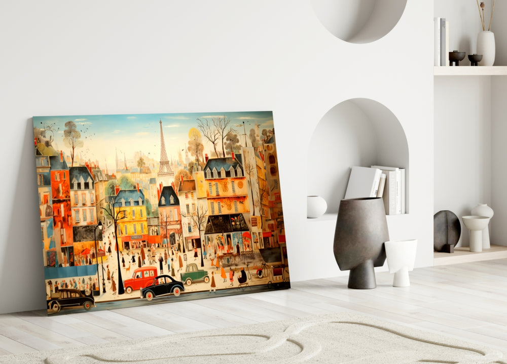 Paris City Life glass wall art styled above a console in a kitchen nook