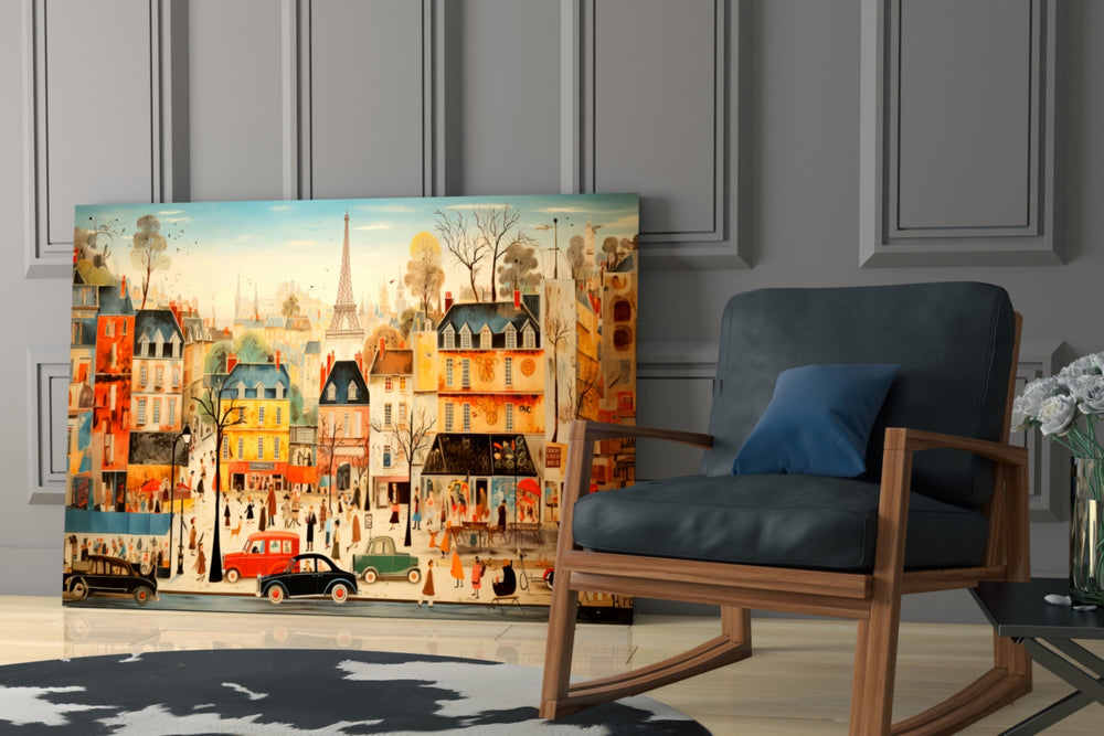 Charming-Paris artwork anchoring a wall with tangerine-and-teal palette