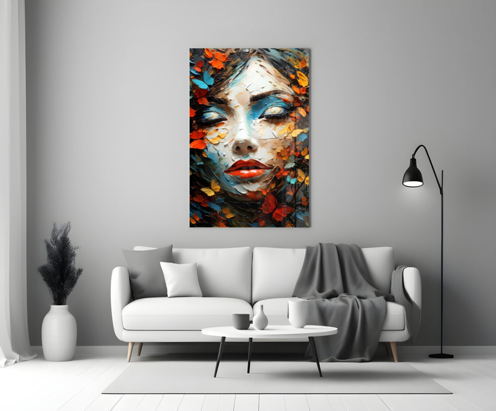 Pleasure glass wall art styled above a console in a living room