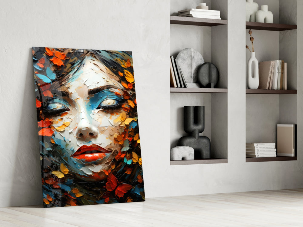 Serene-muse artwork anchoring a wall with tangerine-and-cobalt palette